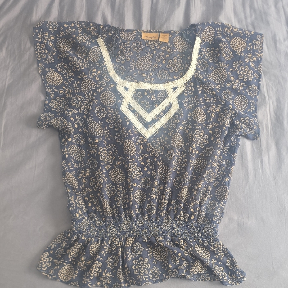 Wrangler Blue Floral Blouse with Cream Accents